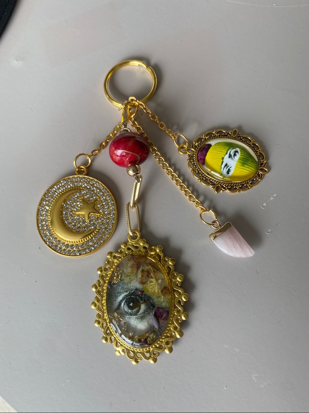 NEW PURSE BAG CHARM FORNASETTI ART FLORAL GOLD YELLOW EVIL EYE